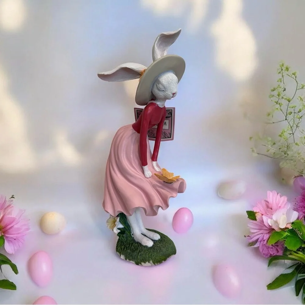 Elegant Girl Bunny Rabbit Figurine In Pink Flowing Dress 13.5” Tall Summer NWT